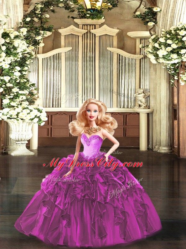 Clearance Fuchsia Organza Lace Up Sweetheart Sleeveless Floor Length Quinceanera Gown Ruffles