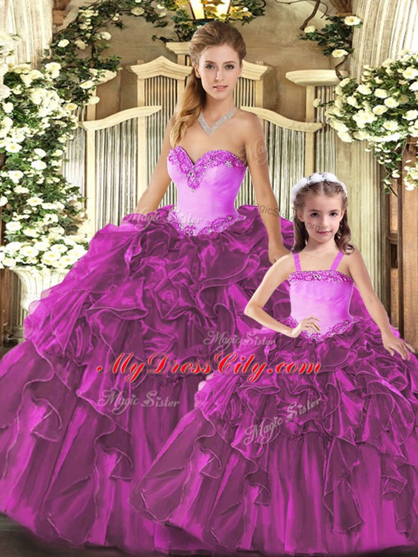 Clearance Fuchsia Organza Lace Up Sweetheart Sleeveless Floor Length Quinceanera Gown Ruffles