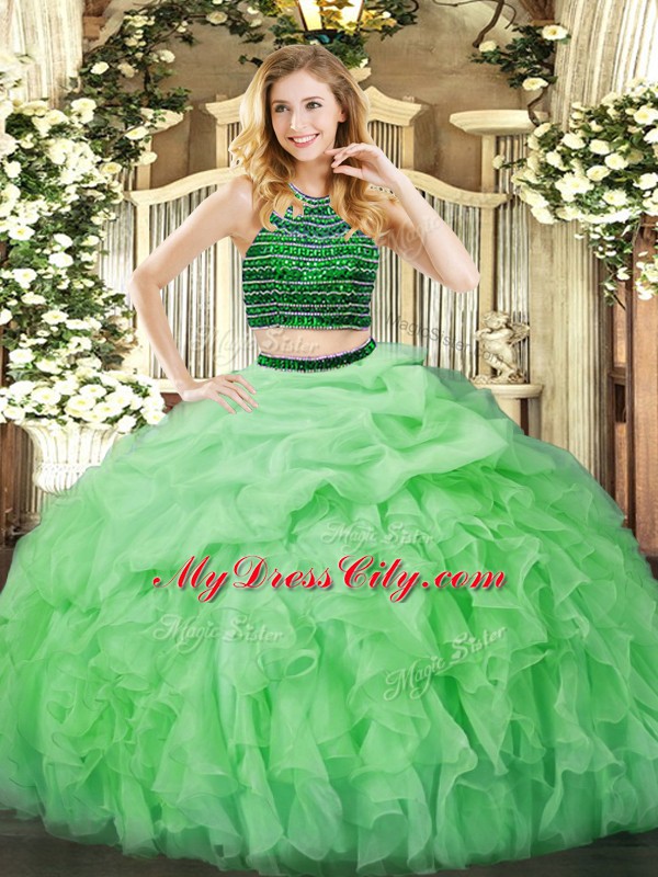 High Quality Ball Gowns 15 Quinceanera Dress Apple Green Halter Top Organza Sleeveless Floor Length Zipper