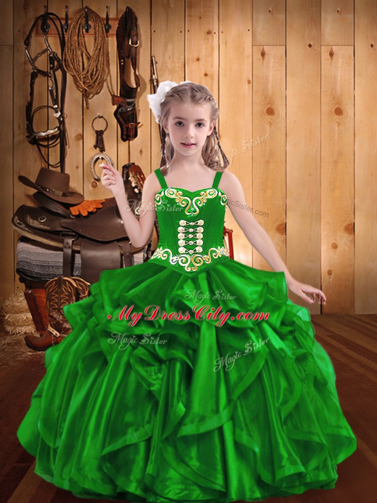 Excellent Green Little Girl Pageant Dress Sweet 16 and Quinceanera with Embroidery and Ruffles Straps Sleeveless Lace Up