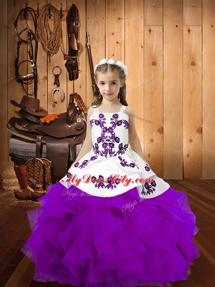 Eggplant Purple Straps Lace Up Embroidery and Ruffles Kids Pageant Dress Sleeveless