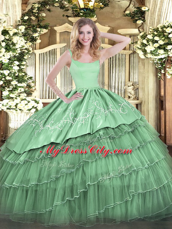 Best Selling Green Ball Gowns Organza Straps Sleeveless Embroidery and Ruffled Layers Floor Length Zipper Sweet 16 Dress