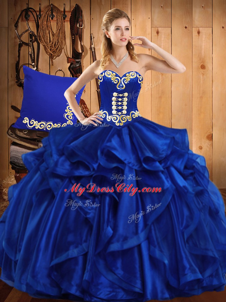 Suitable Royal Blue Organza Lace Up Sweetheart Sleeveless Floor Length Quinceanera Dress Embroidery and Ruffles