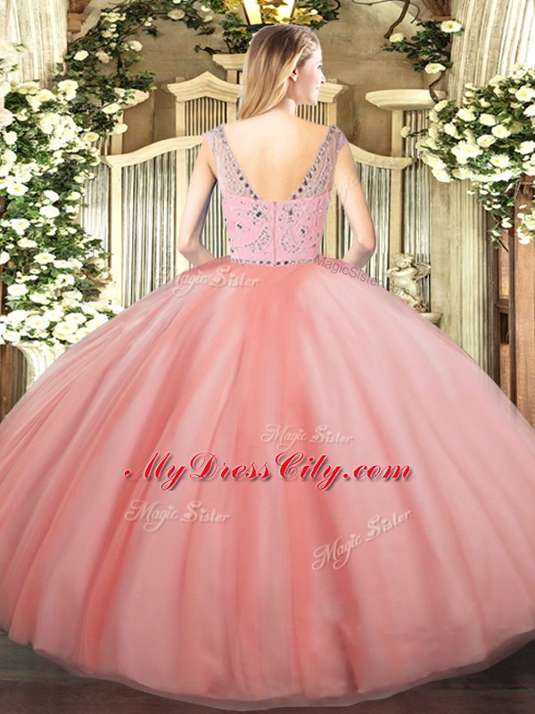 Beading Quinceanera Dresses Rose Pink Zipper Sleeveless Floor Length