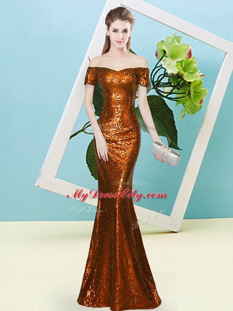 Romantic Mermaid Dress for Prom Rust Red Off The Shoulder Sequined Short Sleeves Floor Length Zipper