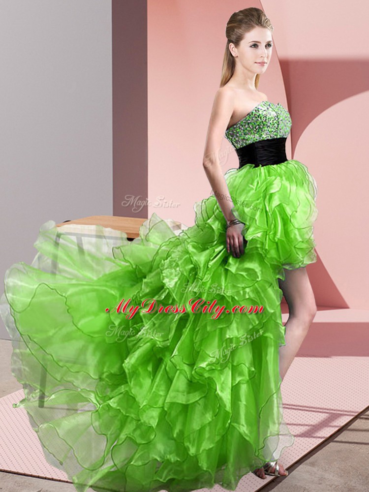 Adorable Lace Up Prom Gown Beading and Ruffles Sleeveless High Low