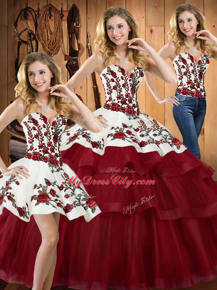 Latest Wine Red Sweetheart Neckline Embroidery Vestidos de Quinceanera Sleeveless Lace Up