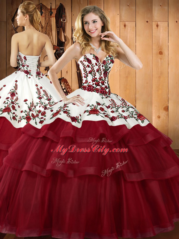 Latest Wine Red Sweetheart Neckline Embroidery Vestidos de Quinceanera Sleeveless Lace Up