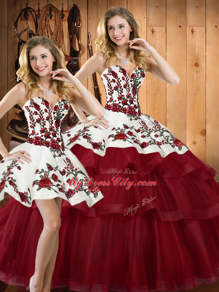 Latest Wine Red Sweetheart Neckline Embroidery Vestidos de Quinceanera Sleeveless Lace Up