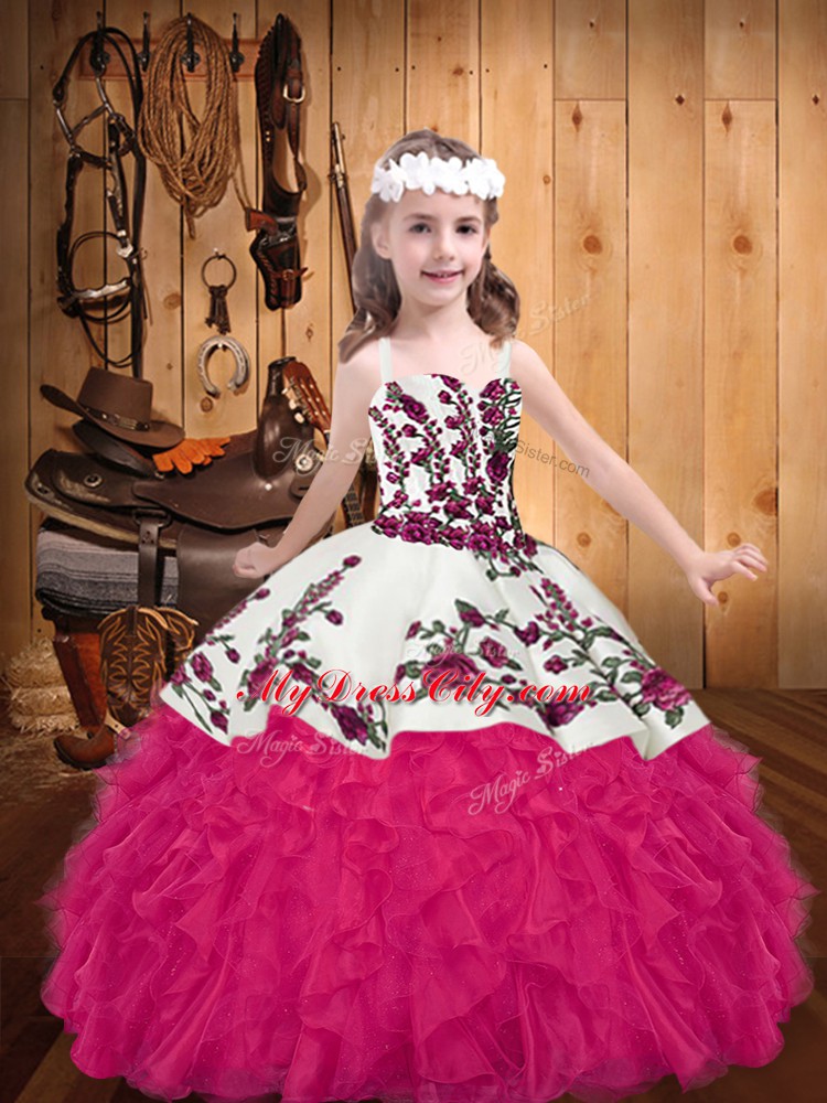 Straps Sleeveless Little Girls Pageant Dress Wholesale Floor Length Embroidery and Ruffles Hot Pink Organza