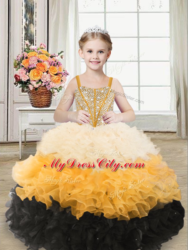 Sleeveless Organza Floor Length Lace Up Little Girl Pageant Dress in Multi-color with Beading and Ruffles