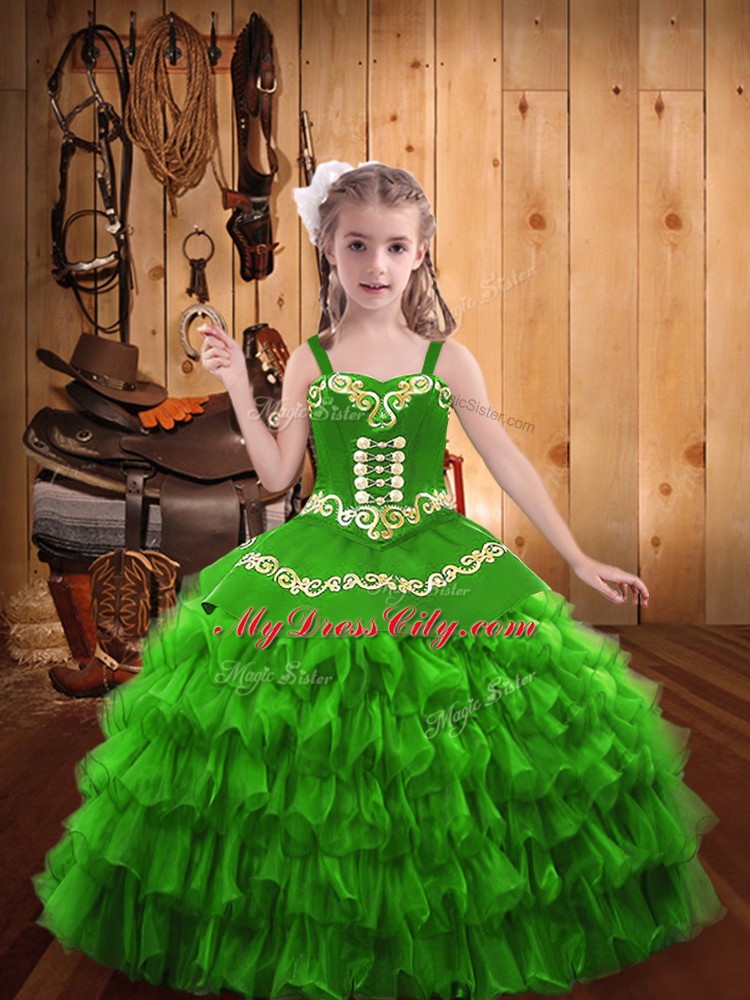 Sleeveless Embroidery and Ruffled Layers Floor Length Little Girls Pageant Dress Wholesale