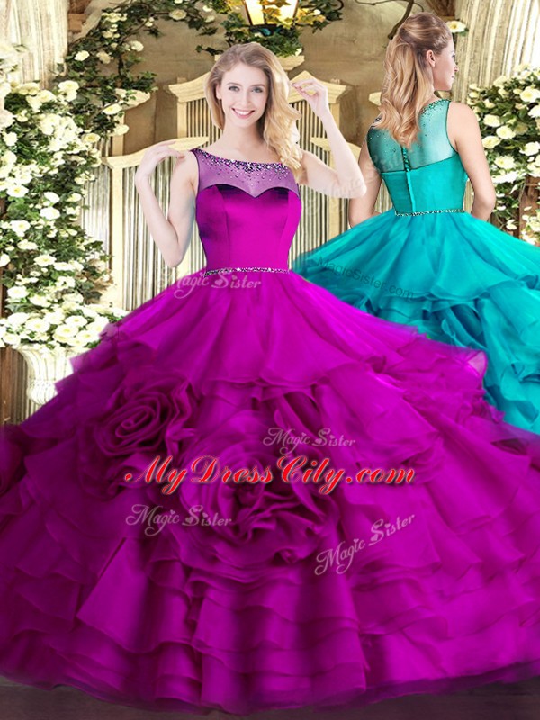 Beauteous Organza Scoop Sleeveless Zipper Beading and Ruffled Layers Sweet 16 Dresses in Fuchsia