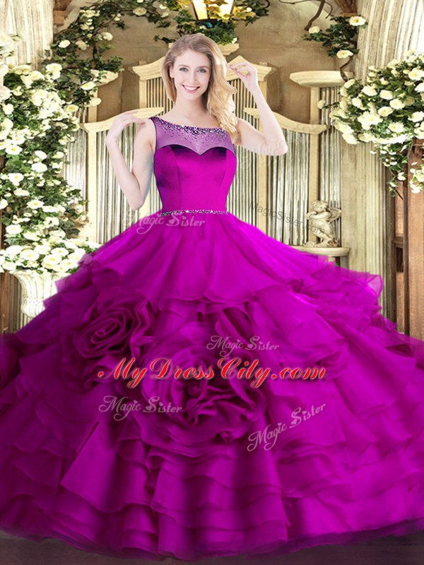 Beauteous Organza Scoop Sleeveless Zipper Beading and Ruffled Layers Sweet 16 Dresses in Fuchsia