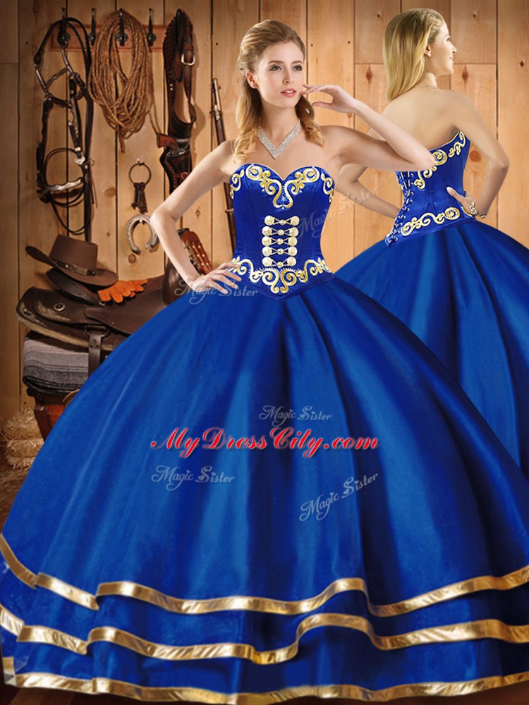 Blue Sleeveless Floor Length Embroidery Lace Up Quince Ball Gowns