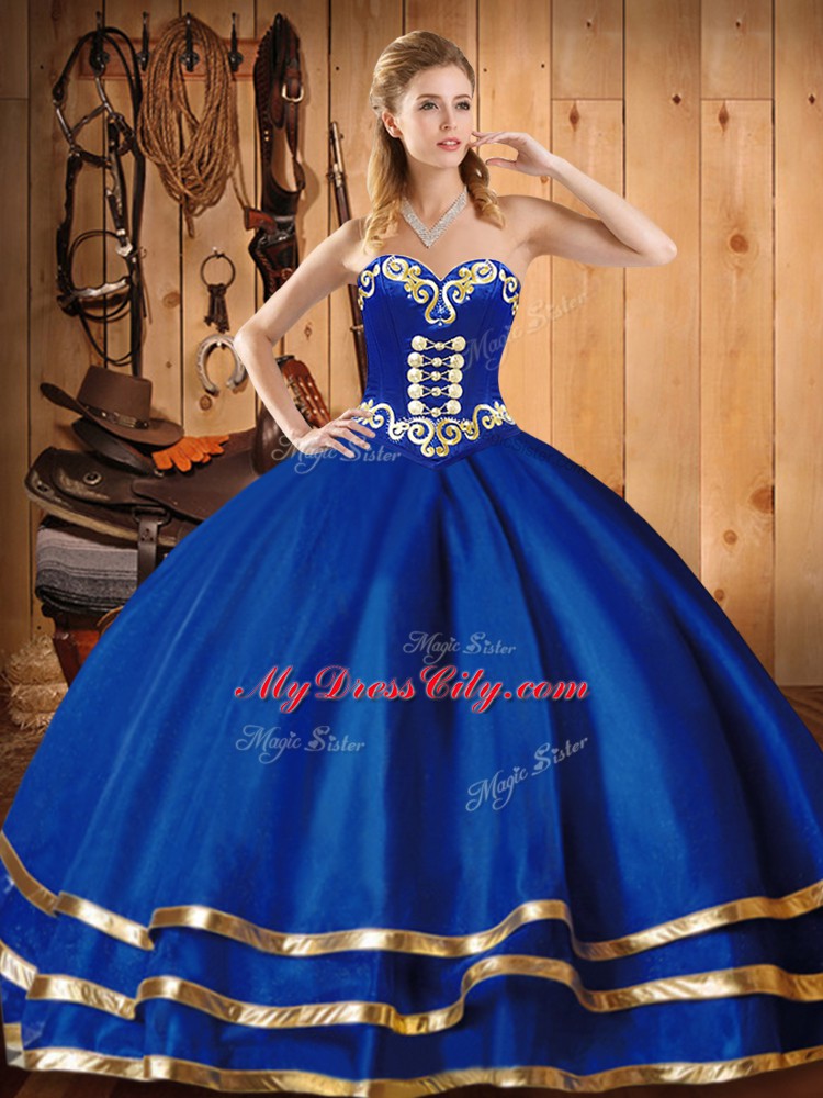 Blue Sleeveless Floor Length Embroidery Lace Up Quince Ball Gowns