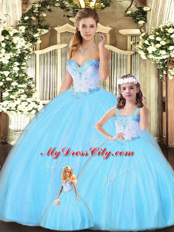 Affordable Aqua Blue Quinceanera Gown Military Ball and Sweet 16 and Quinceanera with Beading Sweetheart Sleeveless Lace Up