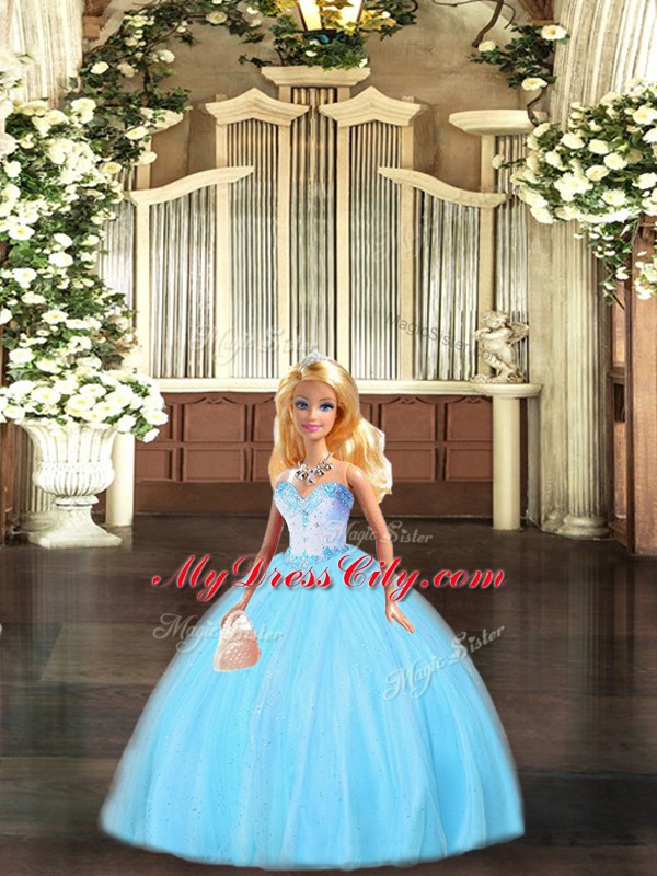 Affordable Aqua Blue Quinceanera Gown Military Ball and Sweet 16 and Quinceanera with Beading Sweetheart Sleeveless Lace Up