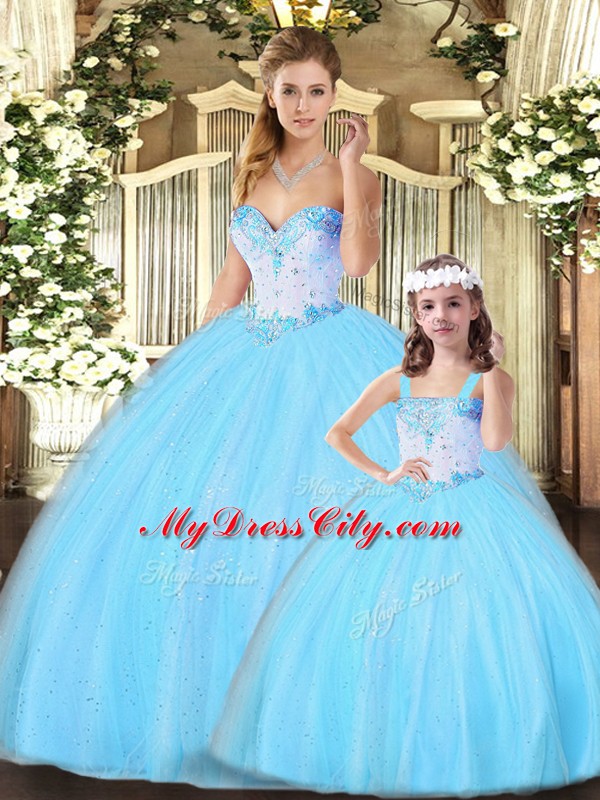 Affordable Aqua Blue Quinceanera Gown Military Ball and Sweet 16 and Quinceanera with Beading Sweetheart Sleeveless Lace Up