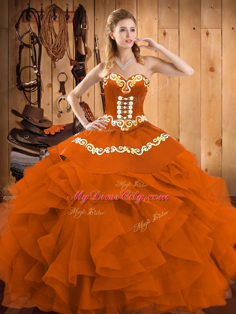 Elegant Rust Red Sleeveless Satin and Organza Lace Up Sweet 16 Dresses for Military Ball and Sweet 16 and Quinceanera