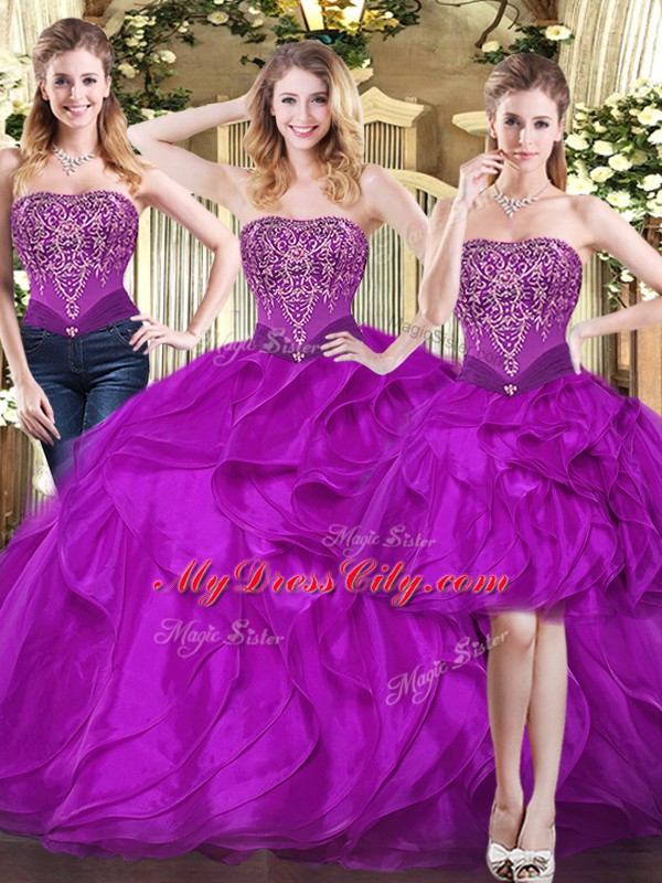 Deluxe Fuchsia Quinceanera Dresses Military Ball and Sweet 16 and Quinceanera with Beading and Ruffles Strapless Sleeveless Lace Up