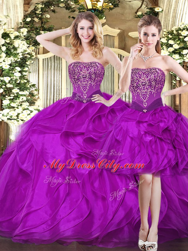 Deluxe Fuchsia Quinceanera Dresses Military Ball and Sweet 16 and Quinceanera with Beading and Ruffles Strapless Sleeveless Lace Up