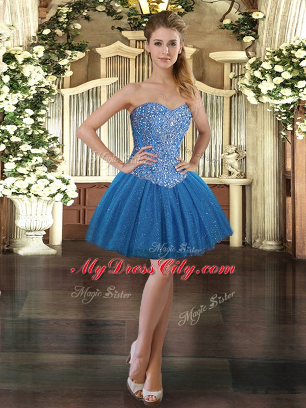 Fabulous Blue Sleeveless Beading Mini Length