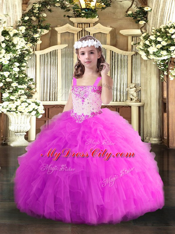 Top Selling Fuchsia Sleeveless Tulle Lace Up Little Girls Pageant Dress for Party and Quinceanera