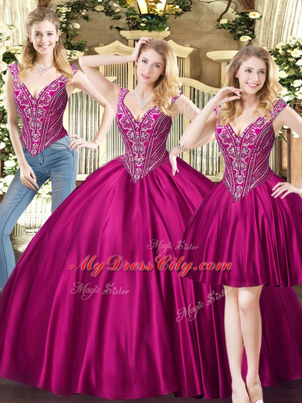 Nice Fuchsia Quince Ball Gowns Military Ball and Sweet 16 and Quinceanera with Beading V-neck Sleeveless Lace Up