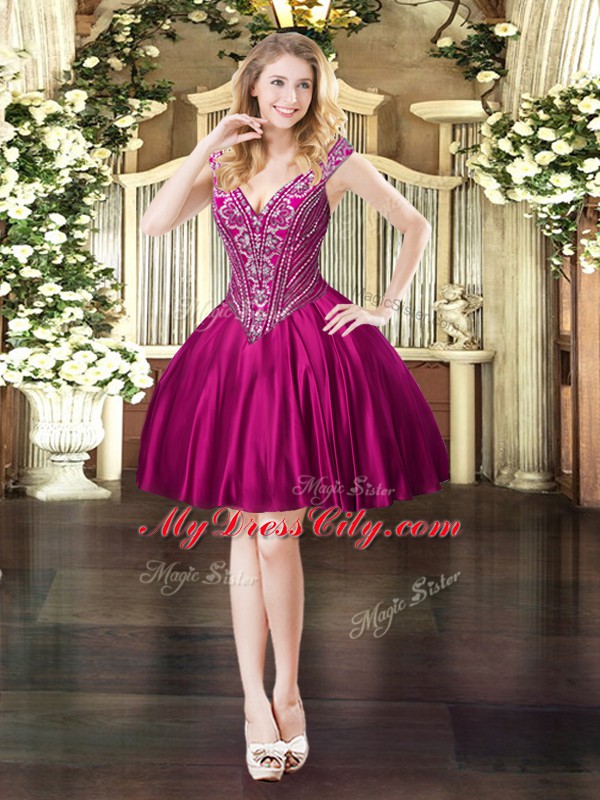 Nice Fuchsia Quince Ball Gowns Military Ball and Sweet 16 and Quinceanera with Beading V-neck Sleeveless Lace Up