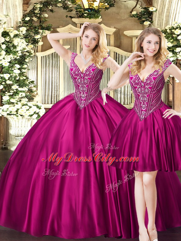 Nice Fuchsia Quince Ball Gowns Military Ball and Sweet 16 and Quinceanera with Beading V-neck Sleeveless Lace Up