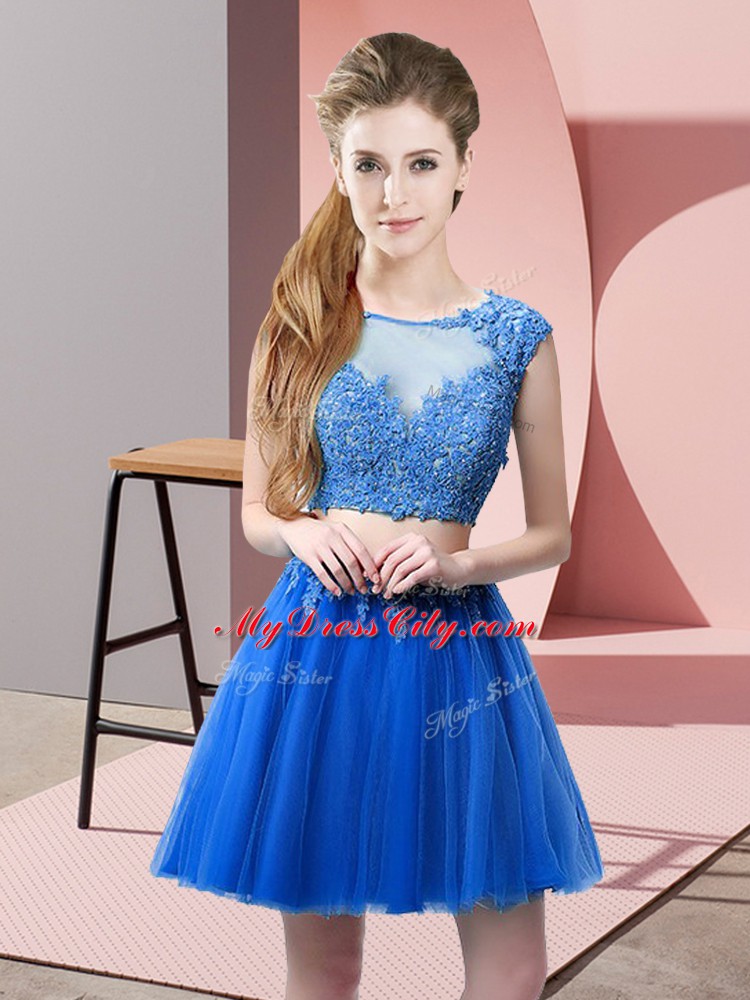 High End Tulle Scoop Sleeveless Zipper Appliques Homecoming Dress in Blue