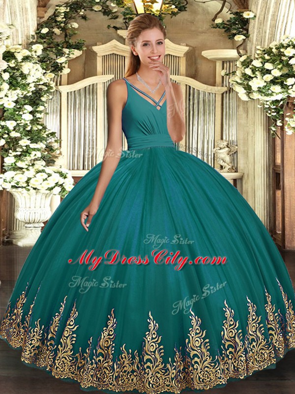 High Class Turquoise Quince Ball Gowns Military Ball and Sweet 16 and Quinceanera with Appliques V-neck Sleeveless Backless