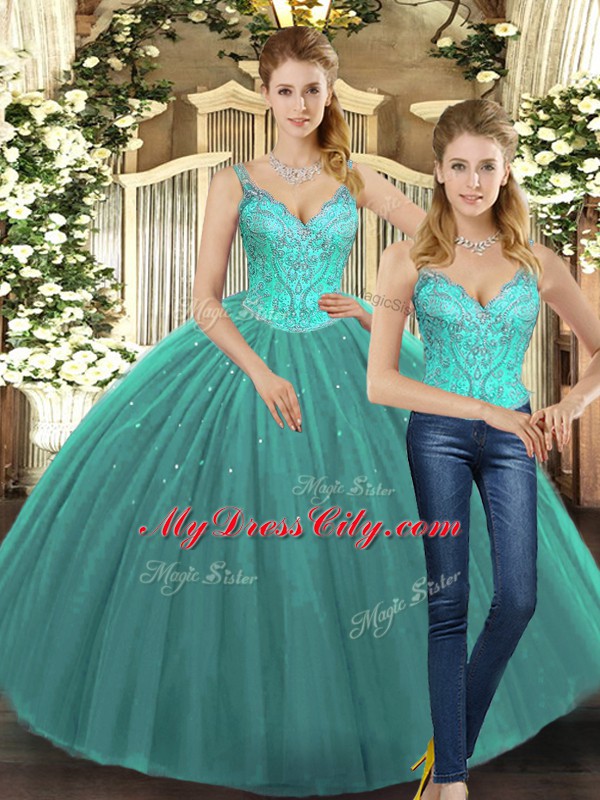 Discount Tulle Sleeveless Floor Length Sweet 16 Dress and Beading