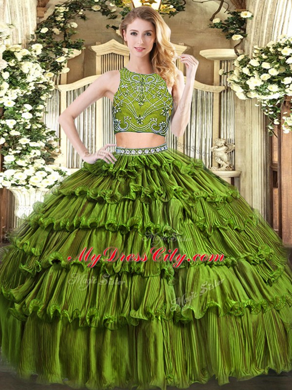 Custom Fit Olive Green 15 Quinceanera Dress Military Ball and Sweet 16 and Quinceanera with Beading and Ruffled Layers High-neck Sleeveless Zipper