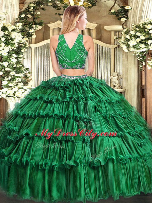 Custom Fit Olive Green 15 Quinceanera Dress Military Ball and Sweet 16 and Quinceanera with Beading and Ruffled Layers High-neck Sleeveless Zipper