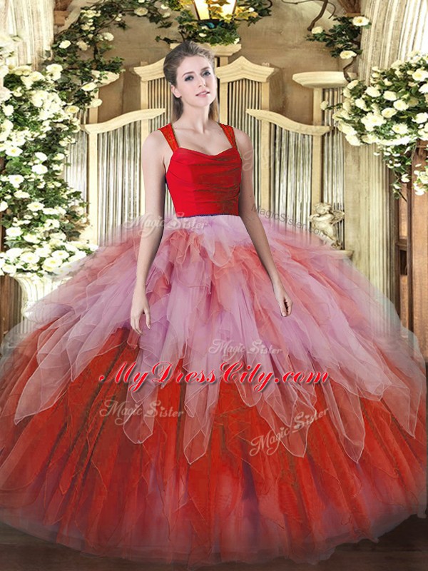 Custom Fit Lace and Ruffles 15 Quinceanera Dress Multi-color Zipper Sleeveless Floor Length