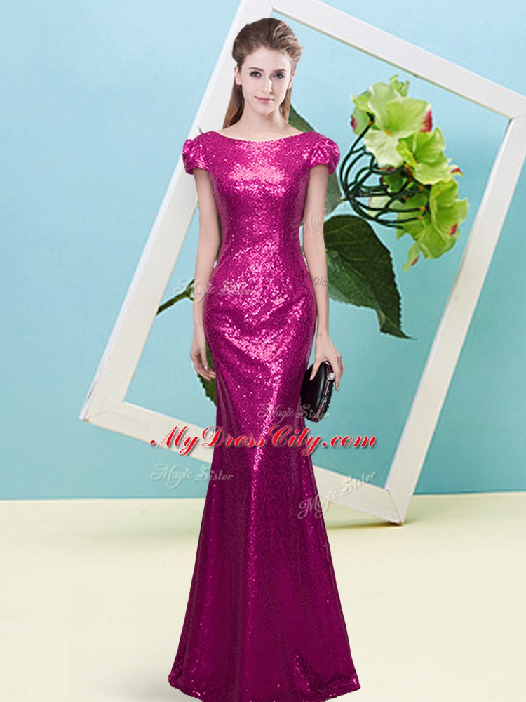 Delicate Mermaid Prom Gown Fuchsia Scoop Sequined Cap Sleeves Floor Length Zipper