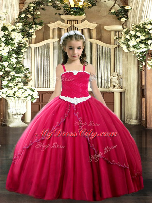 Excellent Coral Red Lace Up Pageant Gowns For Girls Appliques Sleeveless Sweep Train