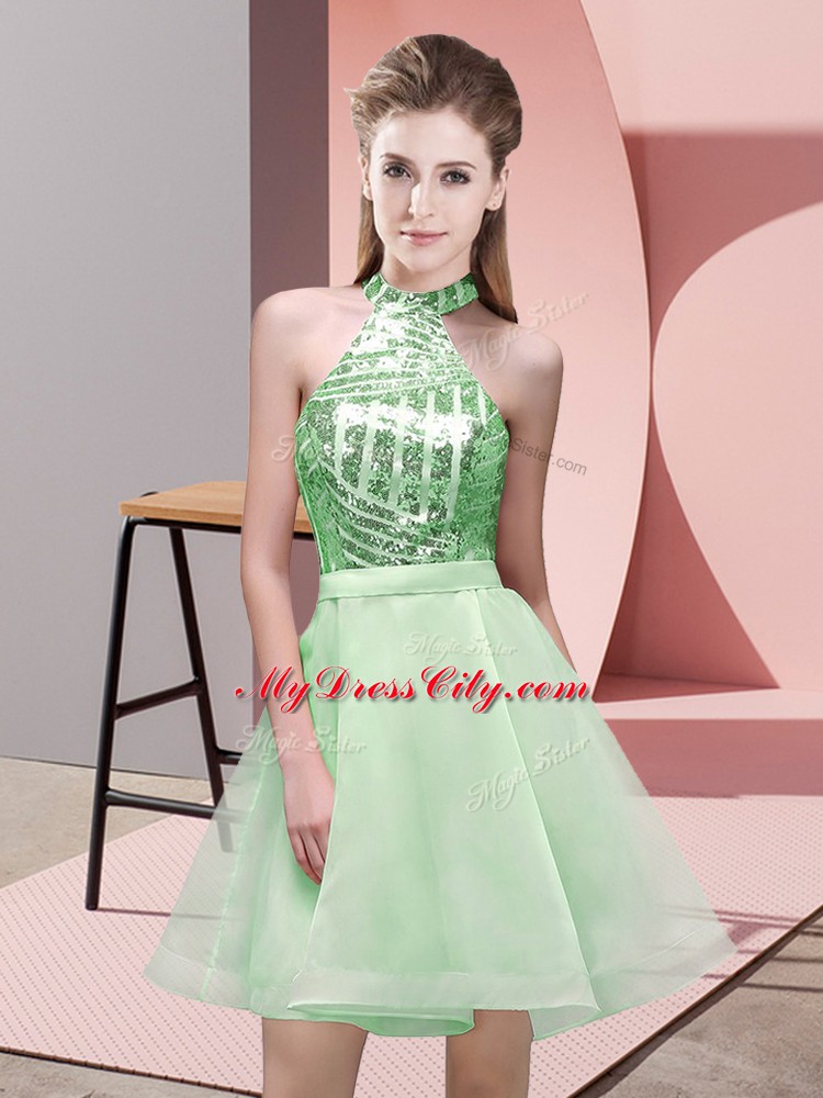 Mini Length Backless Bridesmaid Gown Apple Green for Prom and Party and Wedding Party with Sequins