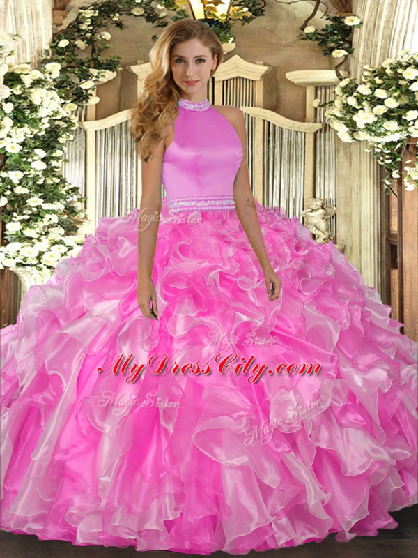 Modern Rose Pink Organza Backless Quinceanera Gowns Sleeveless Floor Length Beading and Ruffles