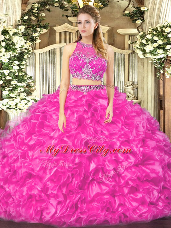 Sleeveless Floor Length Beading and Ruffles Zipper Quinceanera Dress with Fuchsia