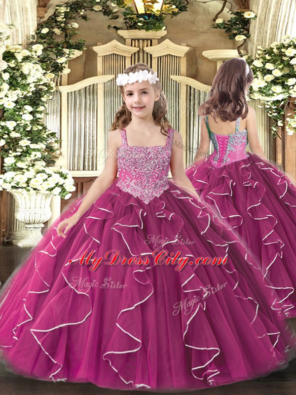 Tulle Straps Sleeveless Lace Up Beading and Ruffles Evening Gowns in Fuchsia