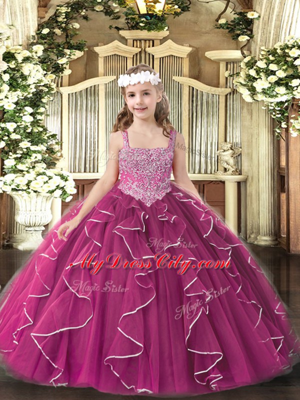 Tulle Straps Sleeveless Lace Up Beading and Ruffles Evening Gowns in Fuchsia