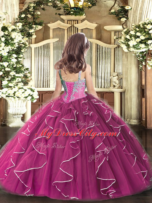 Tulle Straps Sleeveless Lace Up Beading and Ruffles Evening Gowns in Fuchsia