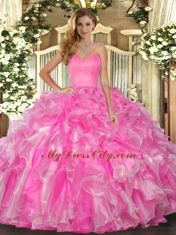 Rose Pink Organza Lace Up Ball Gown Prom Dress Sleeveless Floor Length Beading and Ruffles