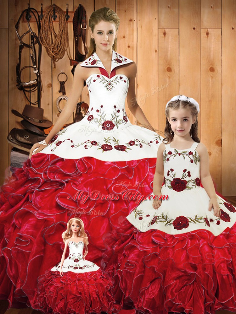 Beauteous Embroidery and Ruffles Ball Gown Prom Dress Red Lace Up Sleeveless Floor Length