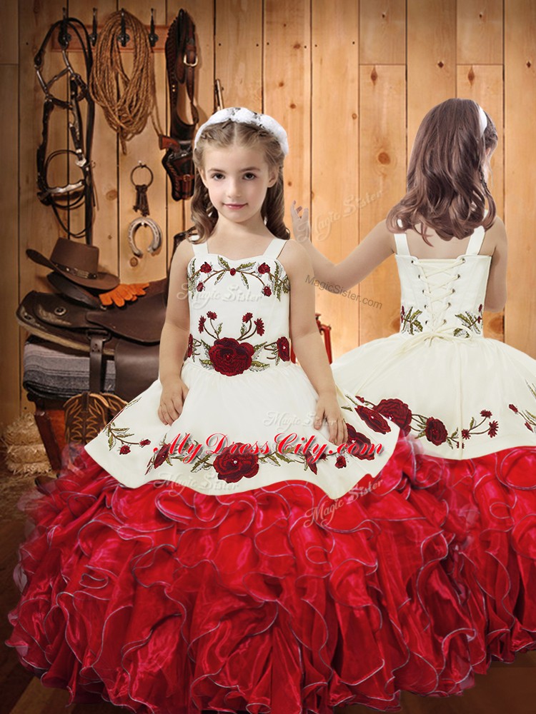 Beauteous Embroidery and Ruffles Ball Gown Prom Dress Red Lace Up Sleeveless Floor Length