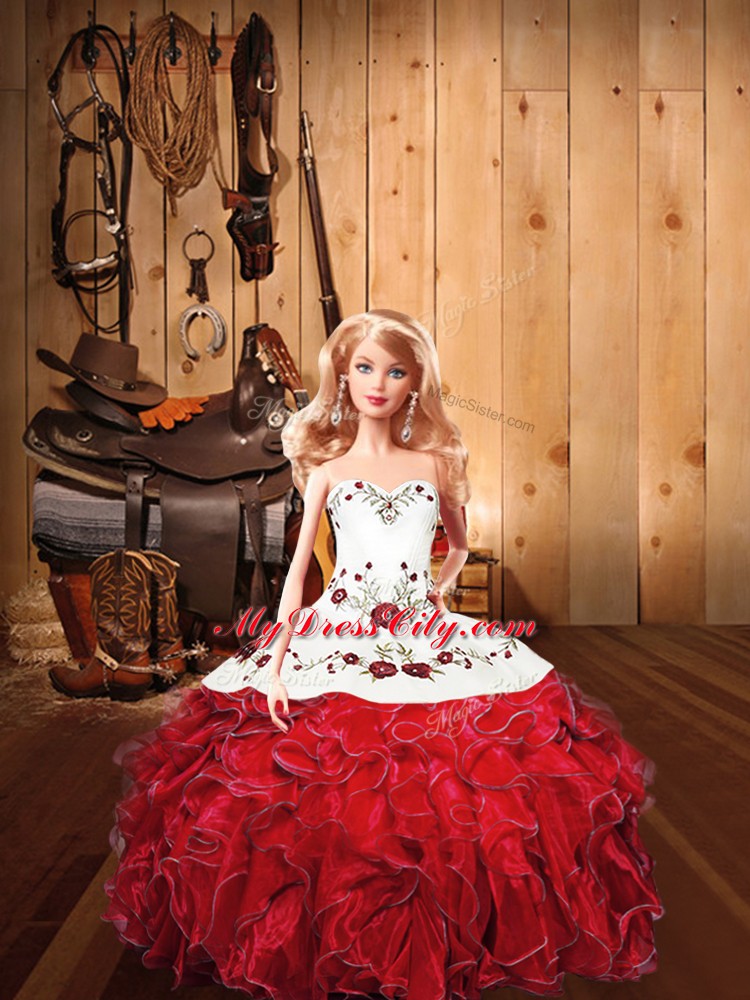 Beauteous Embroidery and Ruffles Ball Gown Prom Dress Red Lace Up Sleeveless Floor Length