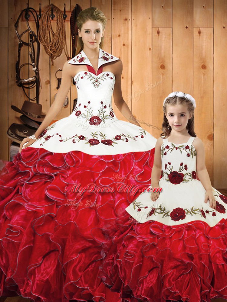 Beauteous Embroidery and Ruffles Ball Gown Prom Dress Red Lace Up Sleeveless Floor Length